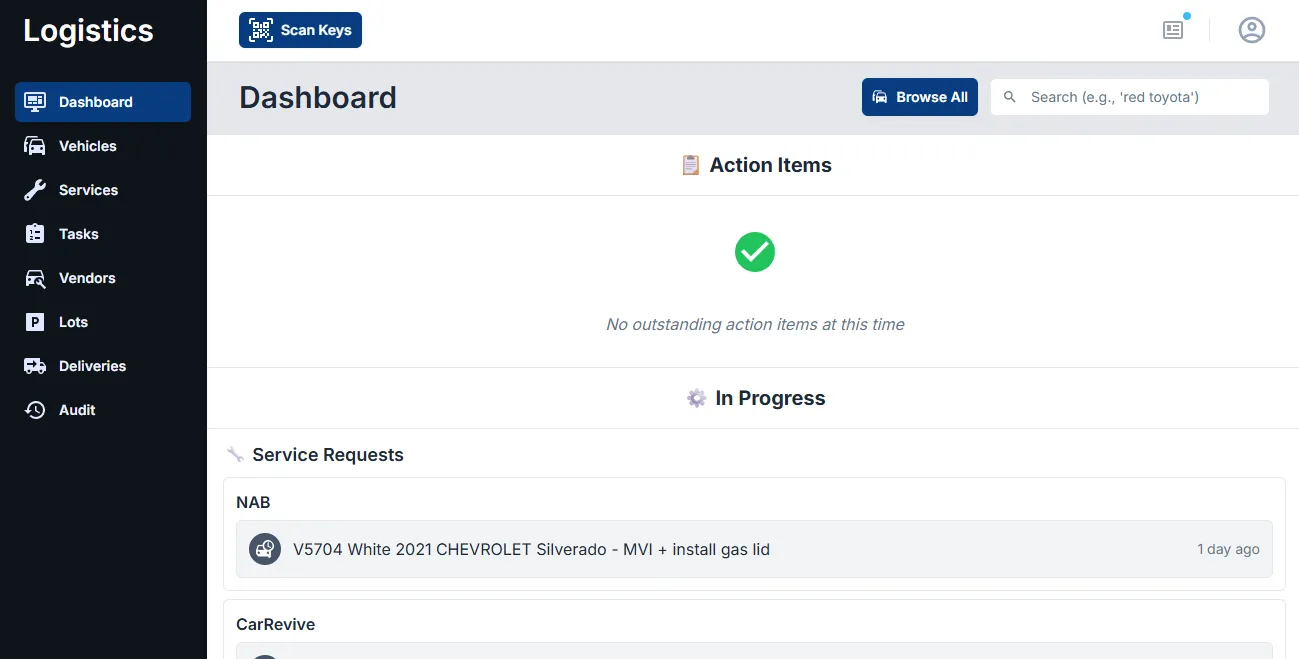 Carevo Logistics dashboard with a left sidebar listing Dashboard, Vehicles, Services, Tasks, Vendors, Lots, Deliveries, and Audit. The main view shows an Action Items section (currently clear) and an In Progress section grouped by vendor (NAB, CarRevive) with a vehicle service request beneath each.