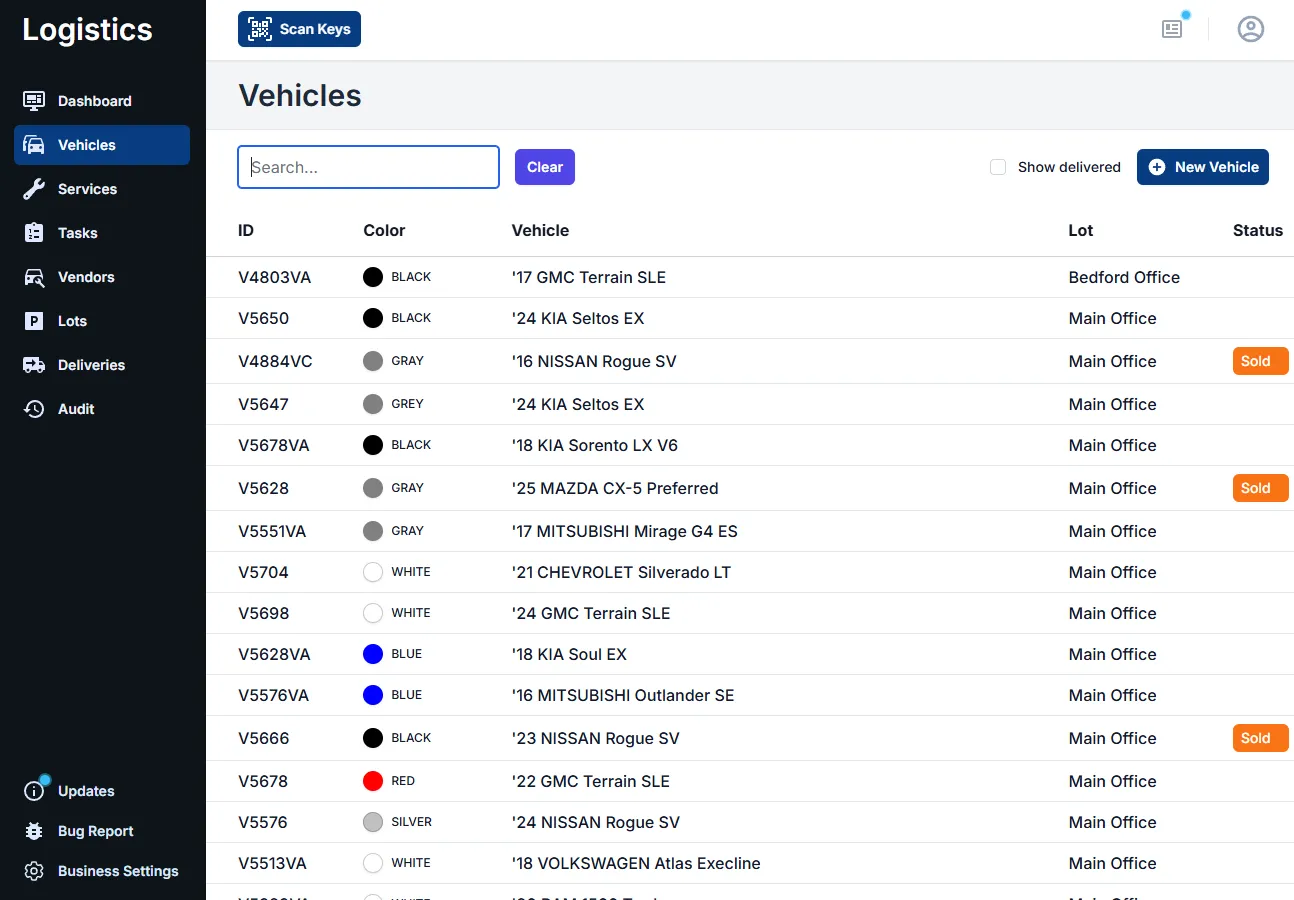 Vehicles list with columns for ID, Color, Vehicle (year/make/model), Lot (Bedford Office or Main Office), and Status (Sold pills on some rows). A search bar, a 'Show delivered' toggle, and a 'New Vehicle' button sit above the list.