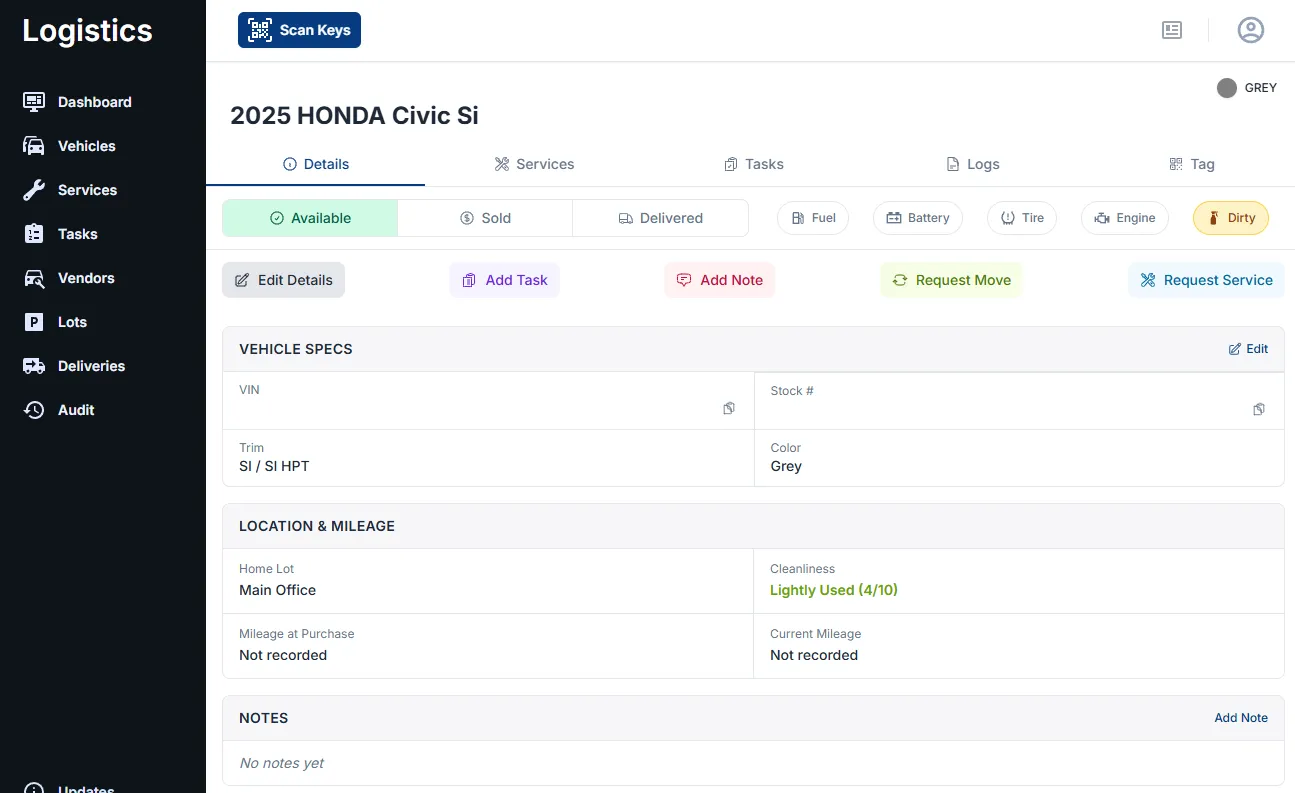 Vehicle detail view for a 2025 MAZDA CX-5 (V5628). Status pills (Available / Sold / Delivered) and condition pills (Fuel / Battery / Tire / Engine / Dirty) sit at the top, followed by quick actions (Edit Details, Add Task, Add Note, Request Move, Request Service). Below: Vehicle Specs (VIN, Stock #, Trim, Color), Location & Mileage (Home Lot, Cleanliness rating 'Lightly Used 4/10', mileage), and a Notes section.