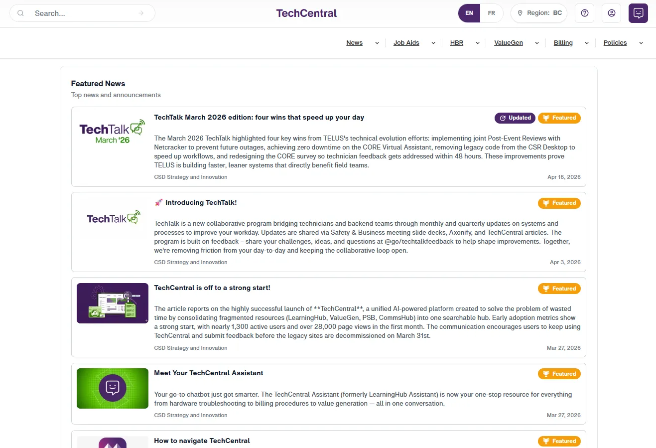 TechCentral dashboard — bilingual operations and reference platform for TELUS field technicians, with role-aware navigation, search, and content surfaces.